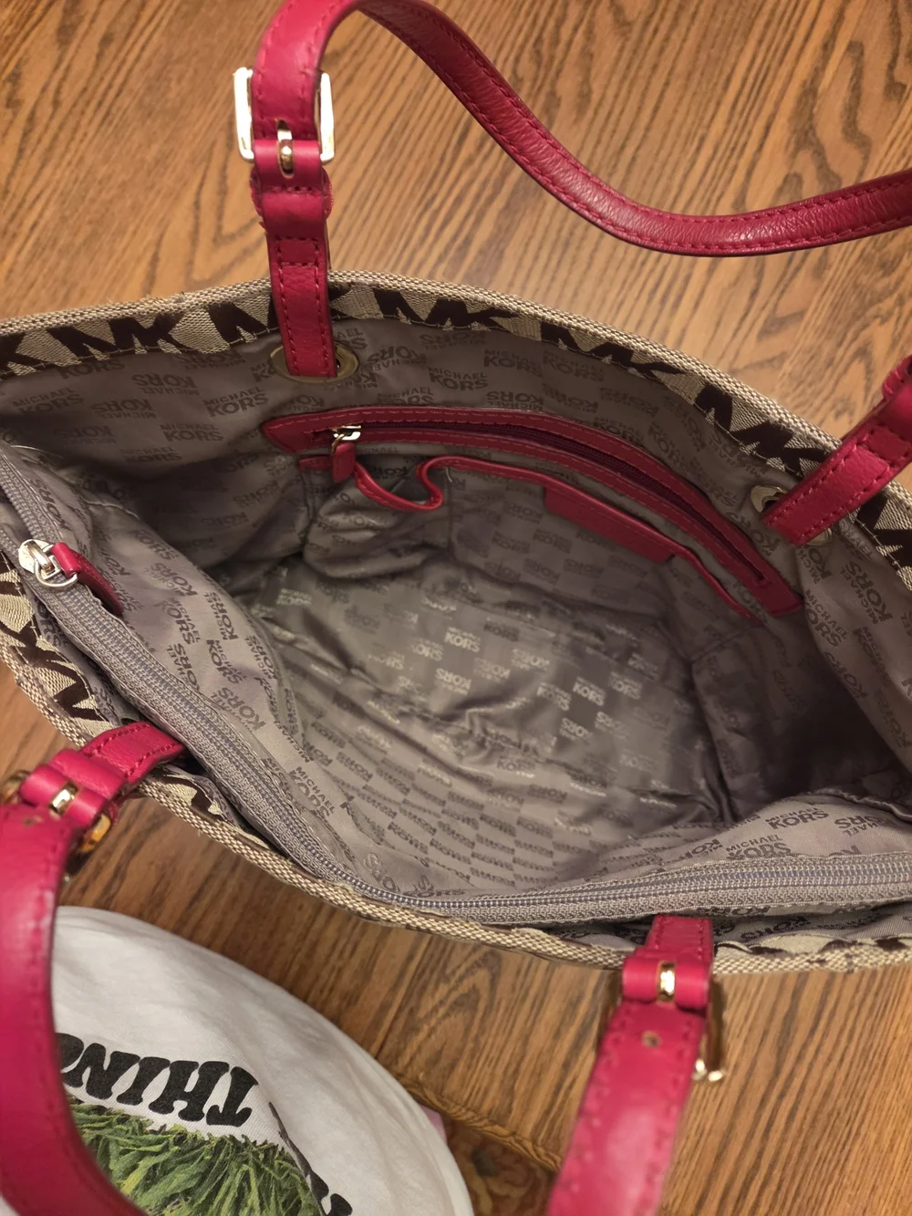 Michael Kors Brown MK Signature Tote with Red Handles